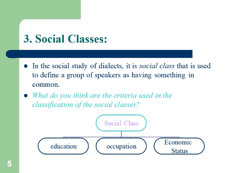 5 3. Social Classes: In the social study of dialects, it is social class